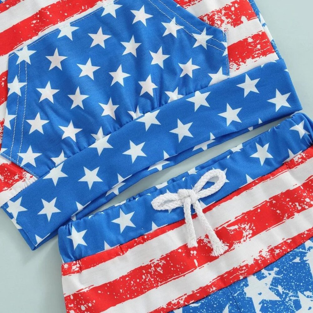 Boy's Fourth of July Distressed Patriotic Stars and Stripes Hooded Outfit - Picture 3 of 5